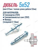 Металлический дюбель для гипсокартона 5х52 Молли с винтом